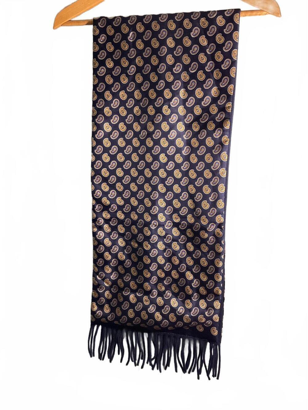 Geoffrey Beene Navy Blue/ Paisley Silk/Wool Reversible Scarf with Fringe